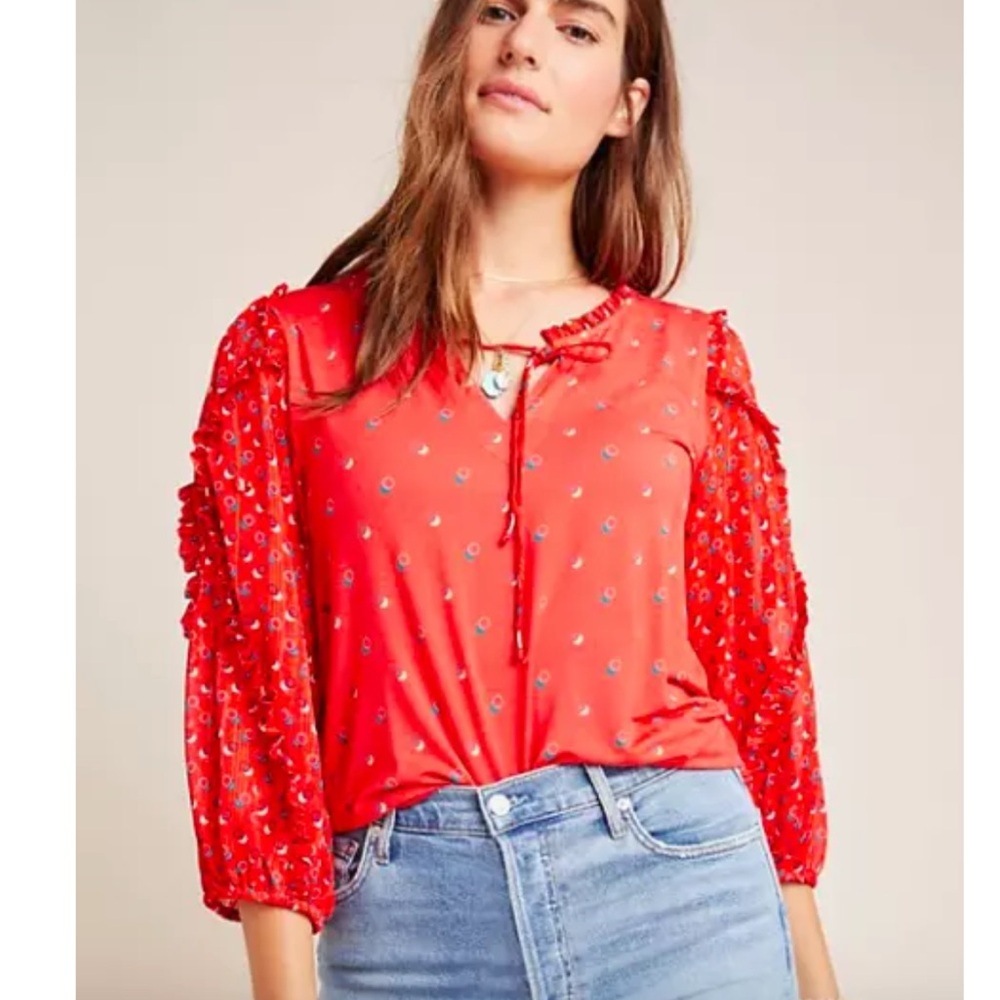 Anthropologie Maeve Red orange Jacquin Peasant Top sheer ruffle sleeve sz M